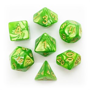 Кубики ДнД (7 шт) / Дайсы для DnD / Dungeons & Dragons /  RPG / Перламутровый зеленый с золотом