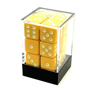 Кубики д6 16мм 12шт в пластиковой коробке. Желтые с острыми углами