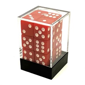 Кубики д6 16мм 12шт в пластиковой коробке. Красные с острыми углами